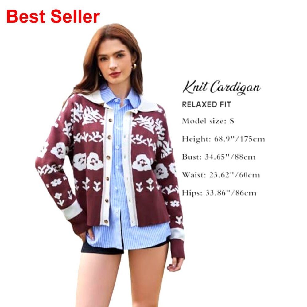 Long Sleeve Floral Print Cardigan Sweater Button Up Knit Top - Picture 6 of 7